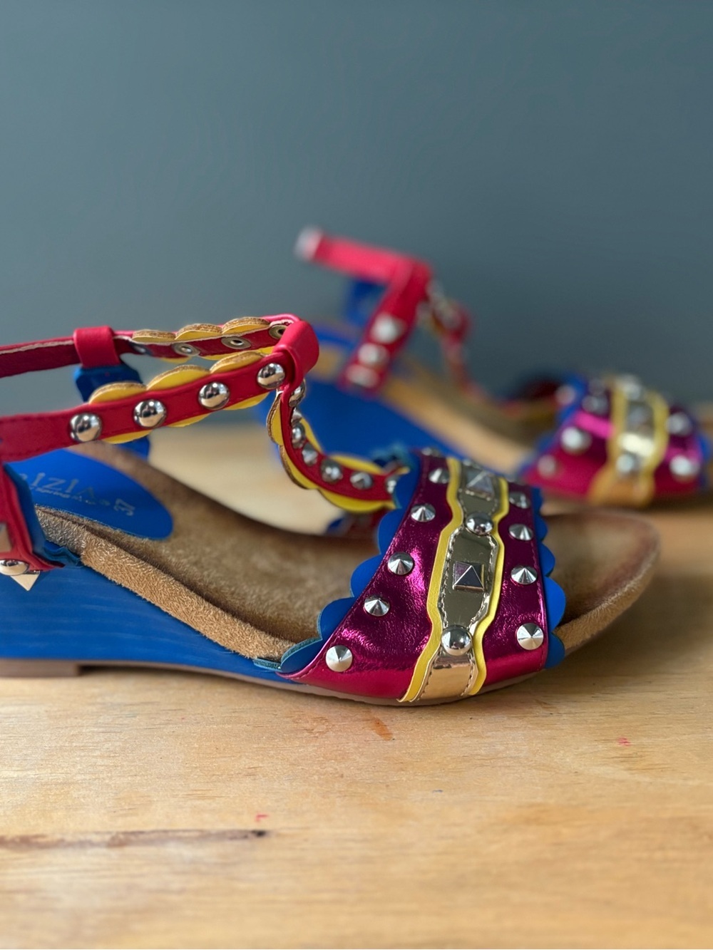 Patrizia Colorful Studded Wedge Sandals Size 37 EU Boho Festival Ankle Strap - Picture 4 of 9